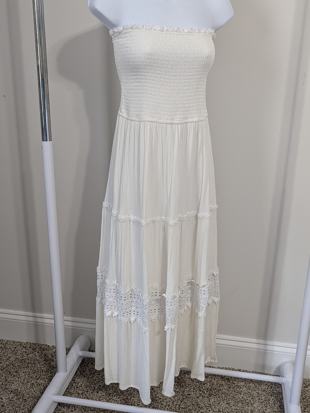 Zesica Smocked Strapless Cream Maxi Dress with Crochet Panel